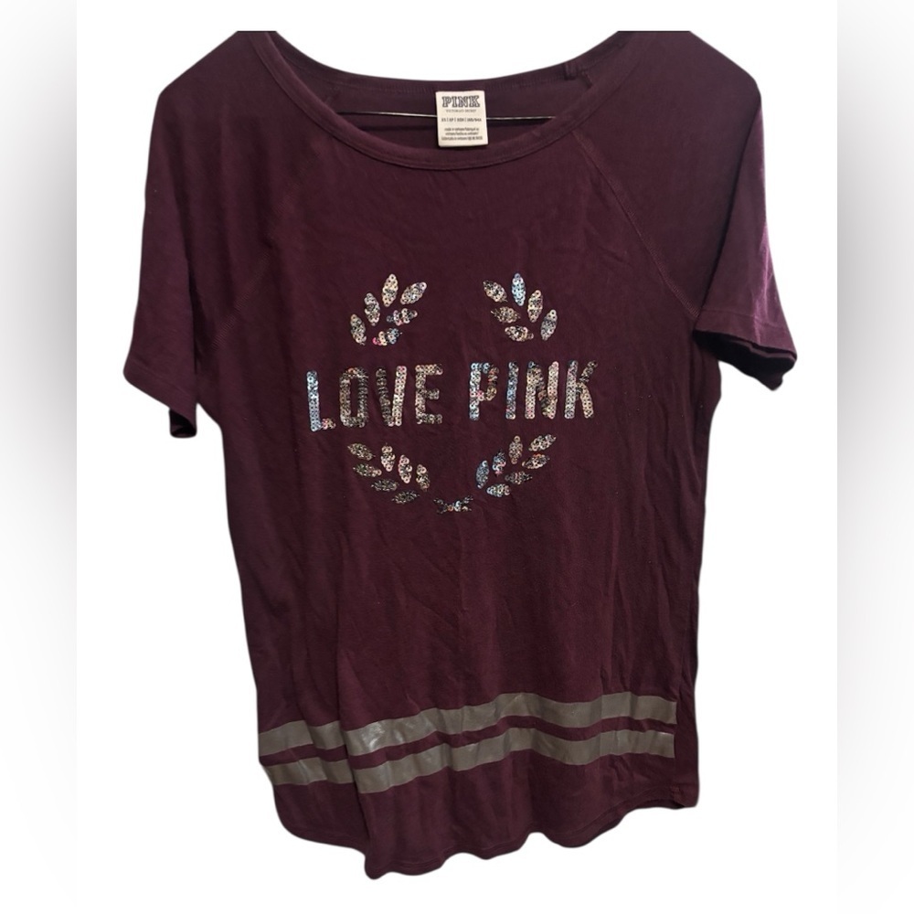 Sequined PINK Victoria's Secret Trendy Maroon Love Pink Tee | Size XS